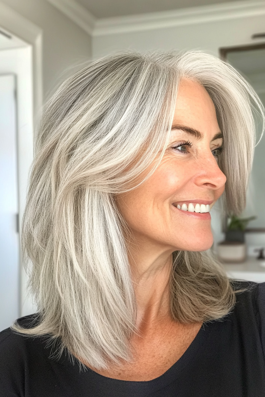 26. Boho Layers with Natural Gray (Medium Length Hairstyles For Women Over 50) - Medium Length Hairstyles For Women Over 50