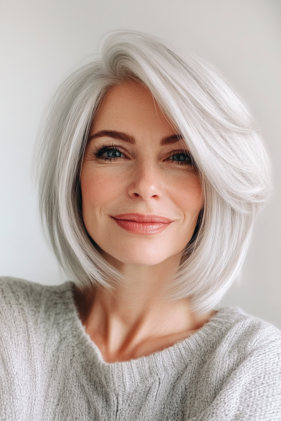 3. Silver Fox Feathered Bob (Layered Hairstyles For Women Over 50) - Layered Hairstyles For Women Over 50