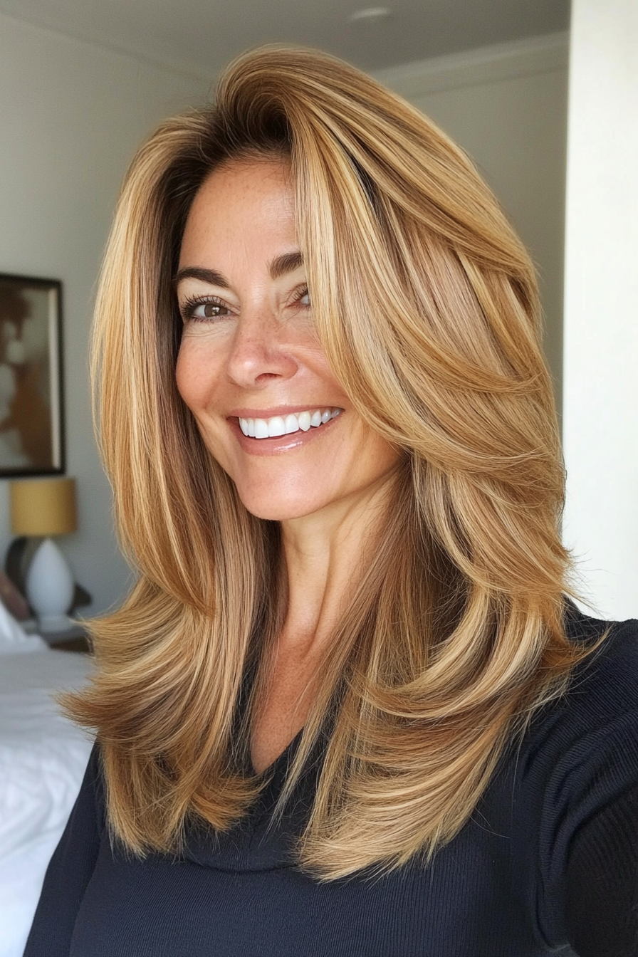 4. Golden Honey Layered Lob (Layered Hairstyles For Women Over 50) - Layered Hairstyles For Women Over 50