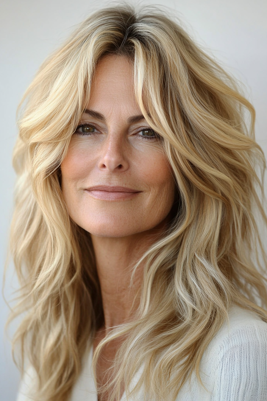 7. Sandy Blonde Textured Waves (Layered Hairstyles For Women Over 50) - Layered Hairstyles For Women Over 50