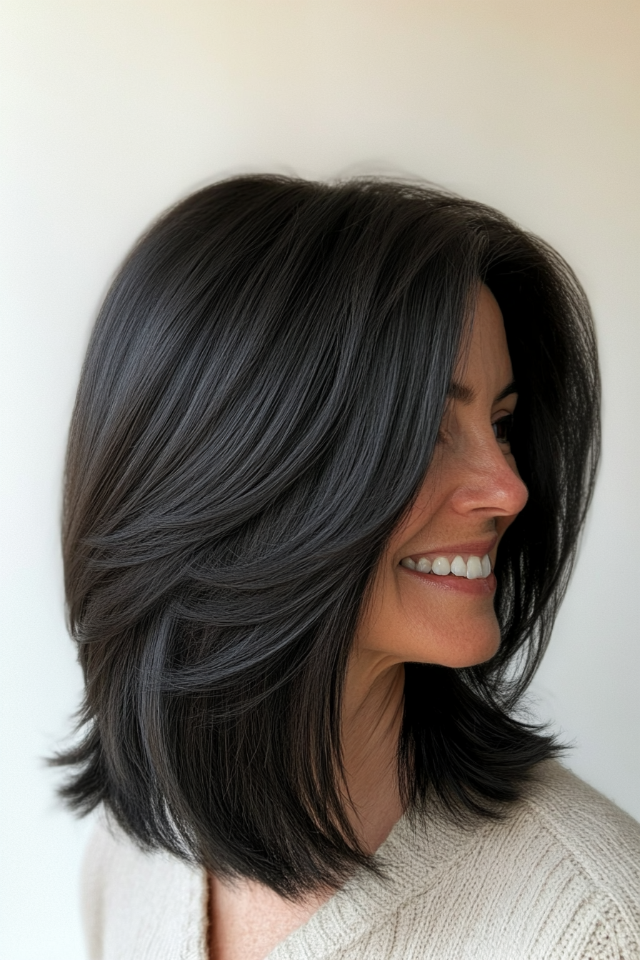 8. Soft Black Layered Lob (Layered Hairstyles For Women Over 50) - Layered Hairstyles For Women Over 50