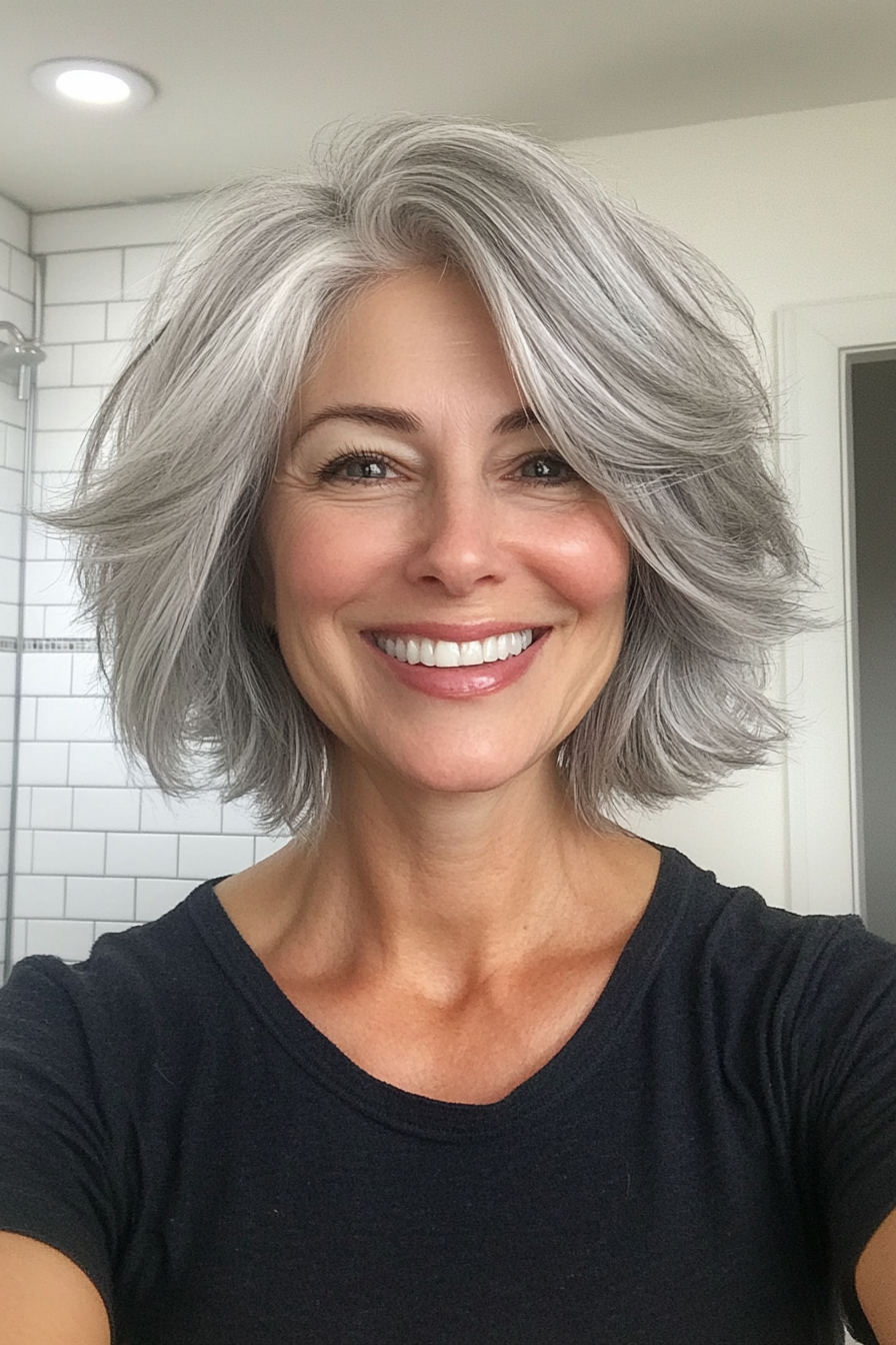 9. Platinum Gray Layered Crop (Layered Hairstyles For Women Over 50) - Layered Hairstyles For Women Over 50