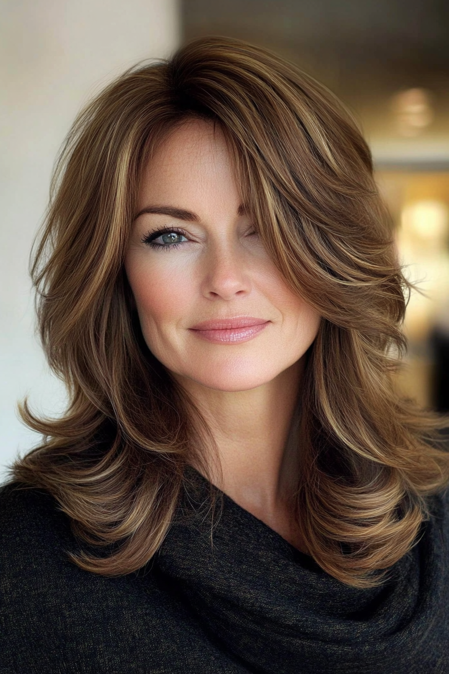 10. Amber Brown Shoulder-Length Layers (Layered Hairstyles For Women Over 50) - Layered Hairstyles For Women Over 50