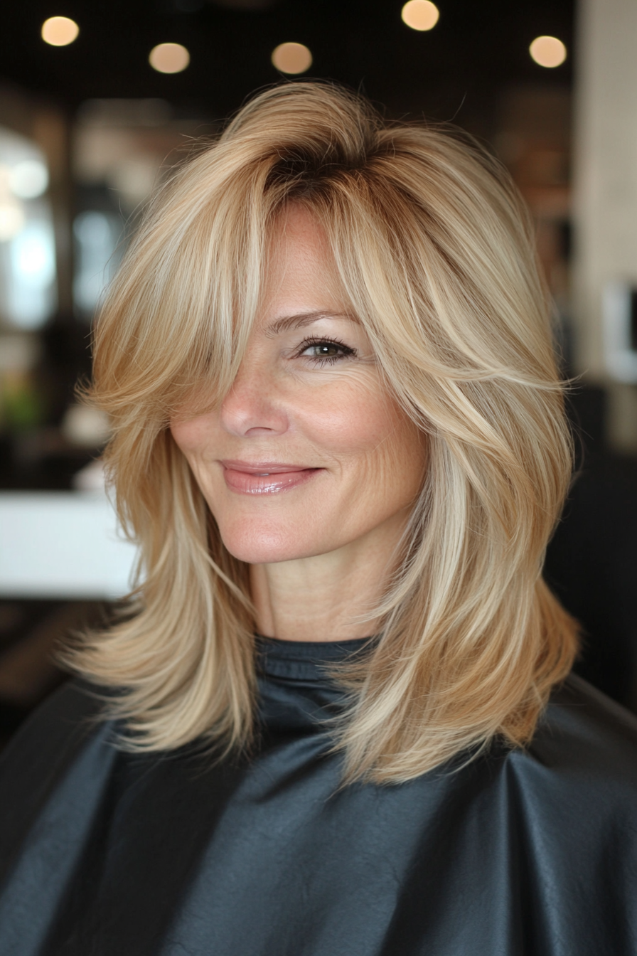 12. Pearl Blonde Feathered Layers (Layered Hairstyles For Women Over 50) - Layered Hairstyles For Women Over 50