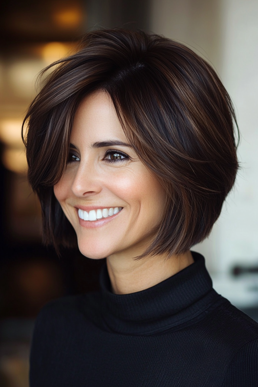 13. Espresso Brown Stacked Bob (Layered Hairstyles For Women Over 50) - Layered Hairstyles For Women Over 50