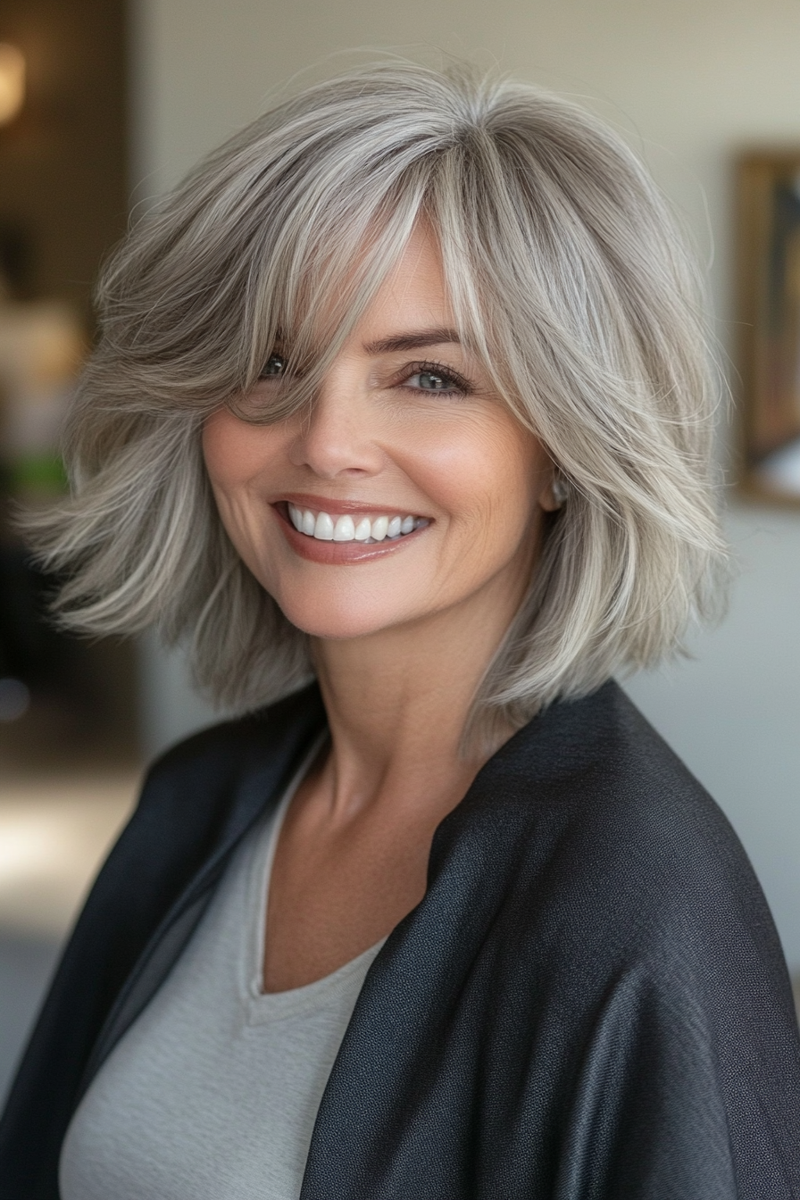 14. Ash Gray Layered Shag (Layered Hairstyles For Women Over 50) - Layered Hairstyles For Women Over 50