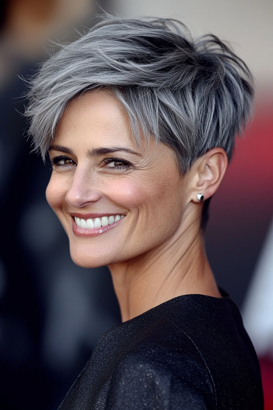 17. Charcoal Gray Modern Pixie (Layered Hairstyles For Women Over 50) - Layered Hairstyles For Women Over 50