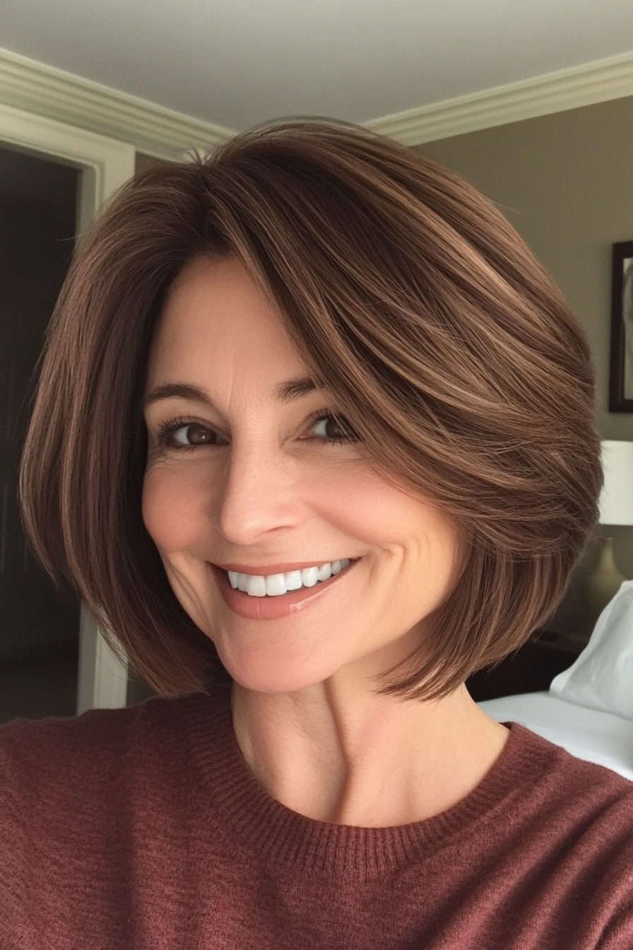 19. Warm Walnut Layered Bob (Layered Hairstyles For Women Over 50) - Layered Hairstyles For Women Over 50
