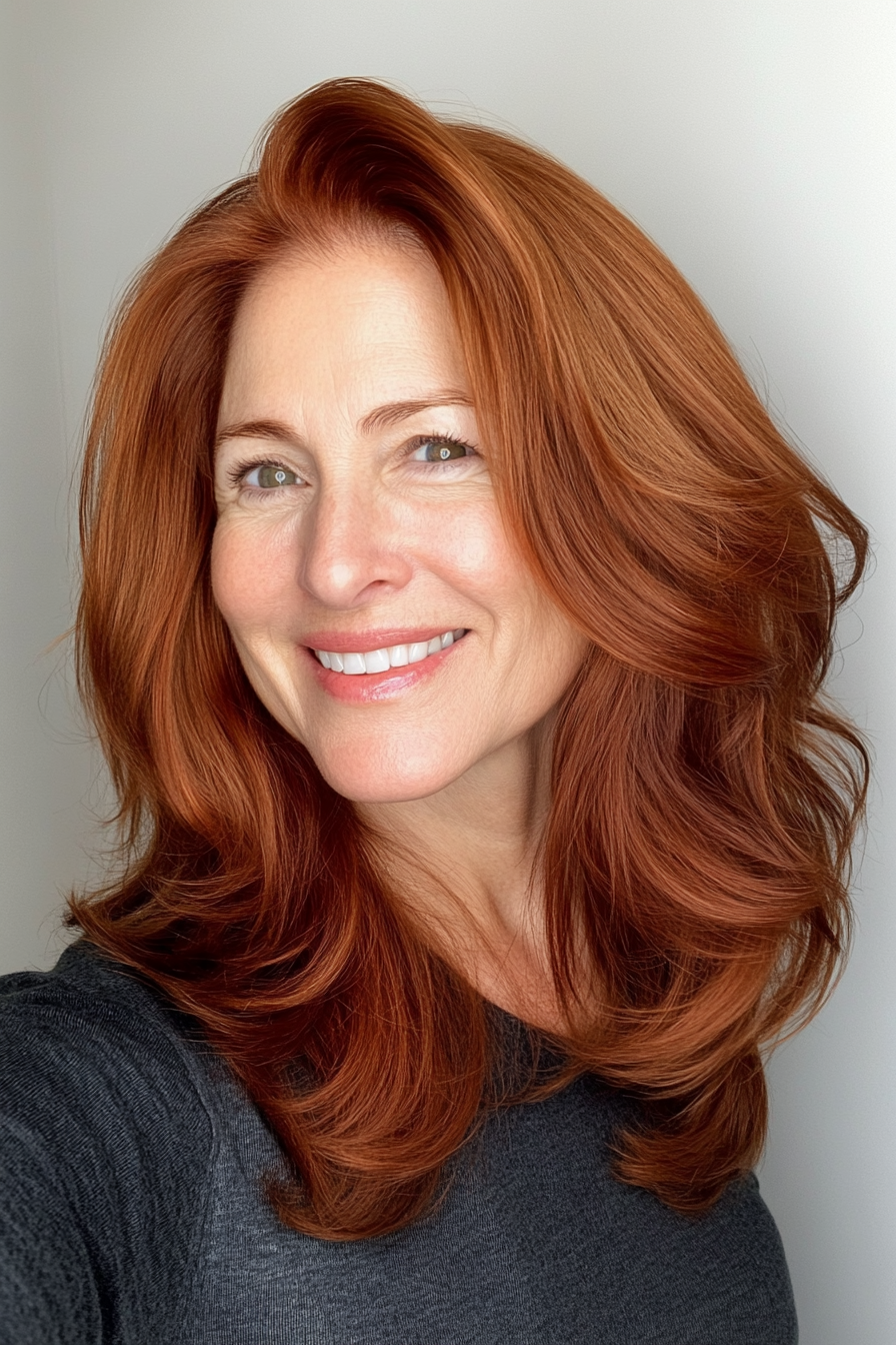 21. Copper Brown Medium Layers (Layered Hairstyles For Women Over 50) - Layered Hairstyles For Women Over 50
