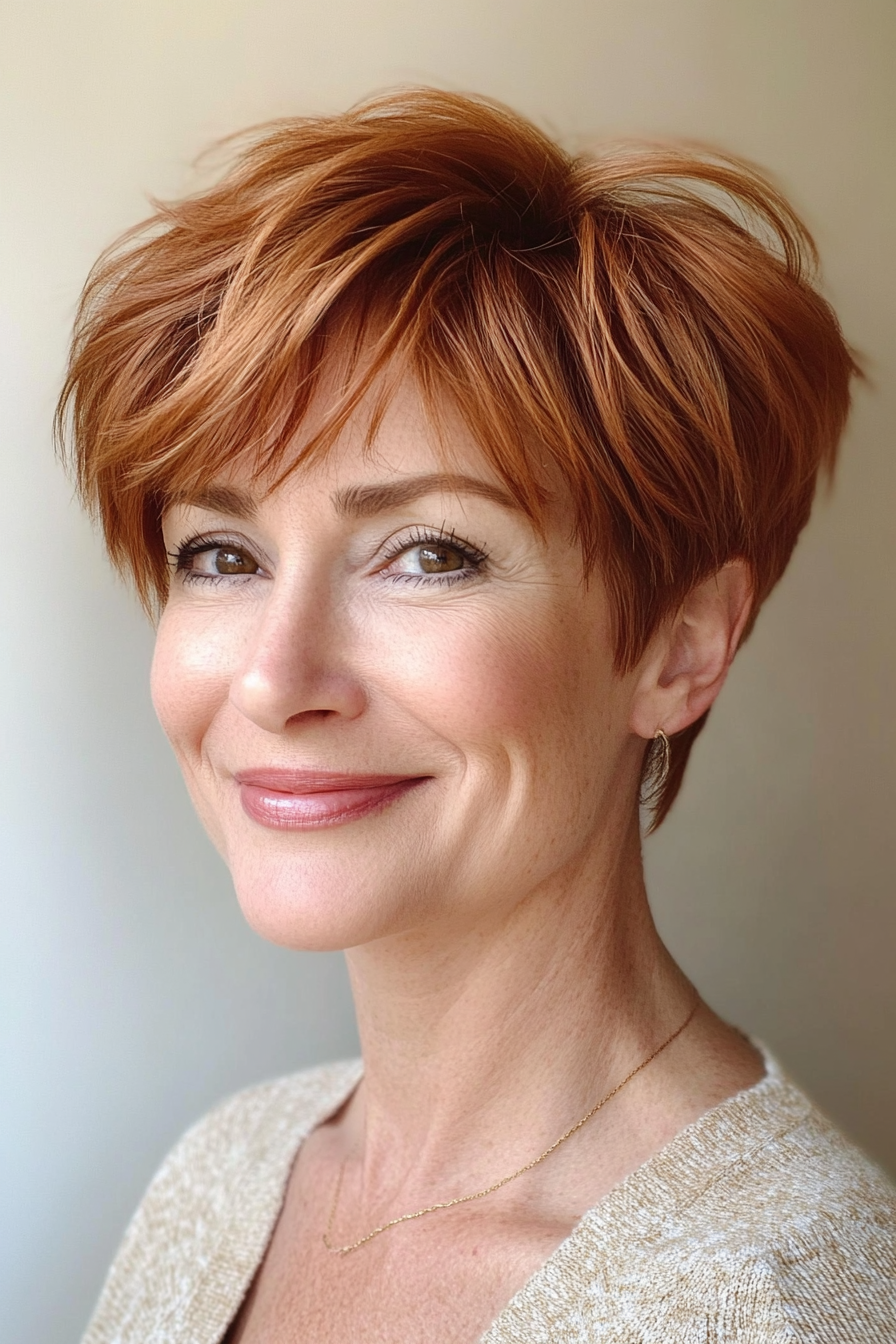 23. Golden Chestnut Layered Pixie (Layered Hairstyles For Women Over 50) - Layered Hairstyles For Women Over 50