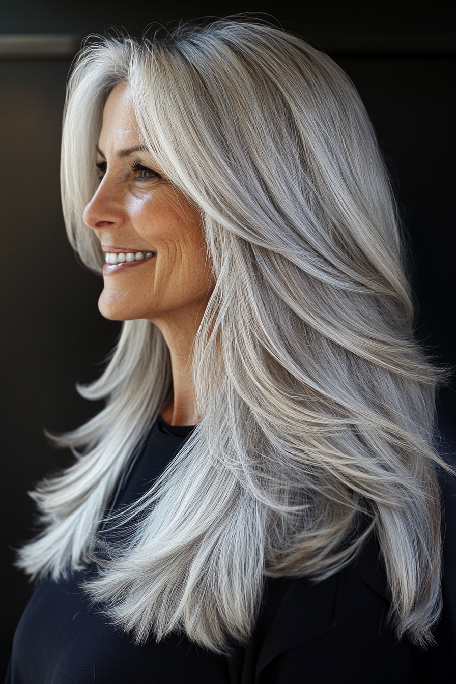 24. Silver Blonde Long Layers (Layered Hairstyles For Women Over 50) - Layered Hairstyles For Women Over 50