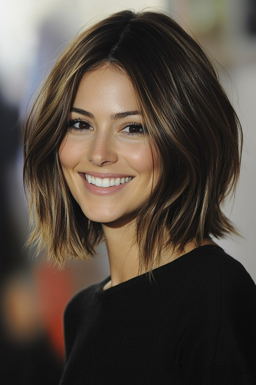 19. Layered Lob with Natural Brunette (Bob Hairstyles For Thin Hair) - Bob Hairstyles For Thin Hair
