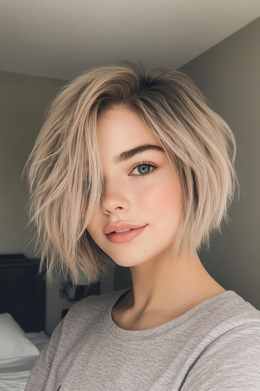 10. Bronzed Beige Bob with Wispy Ends (Short Shaggy Bob Hairstyles) - Short Shaggy Bob Hairstyles
