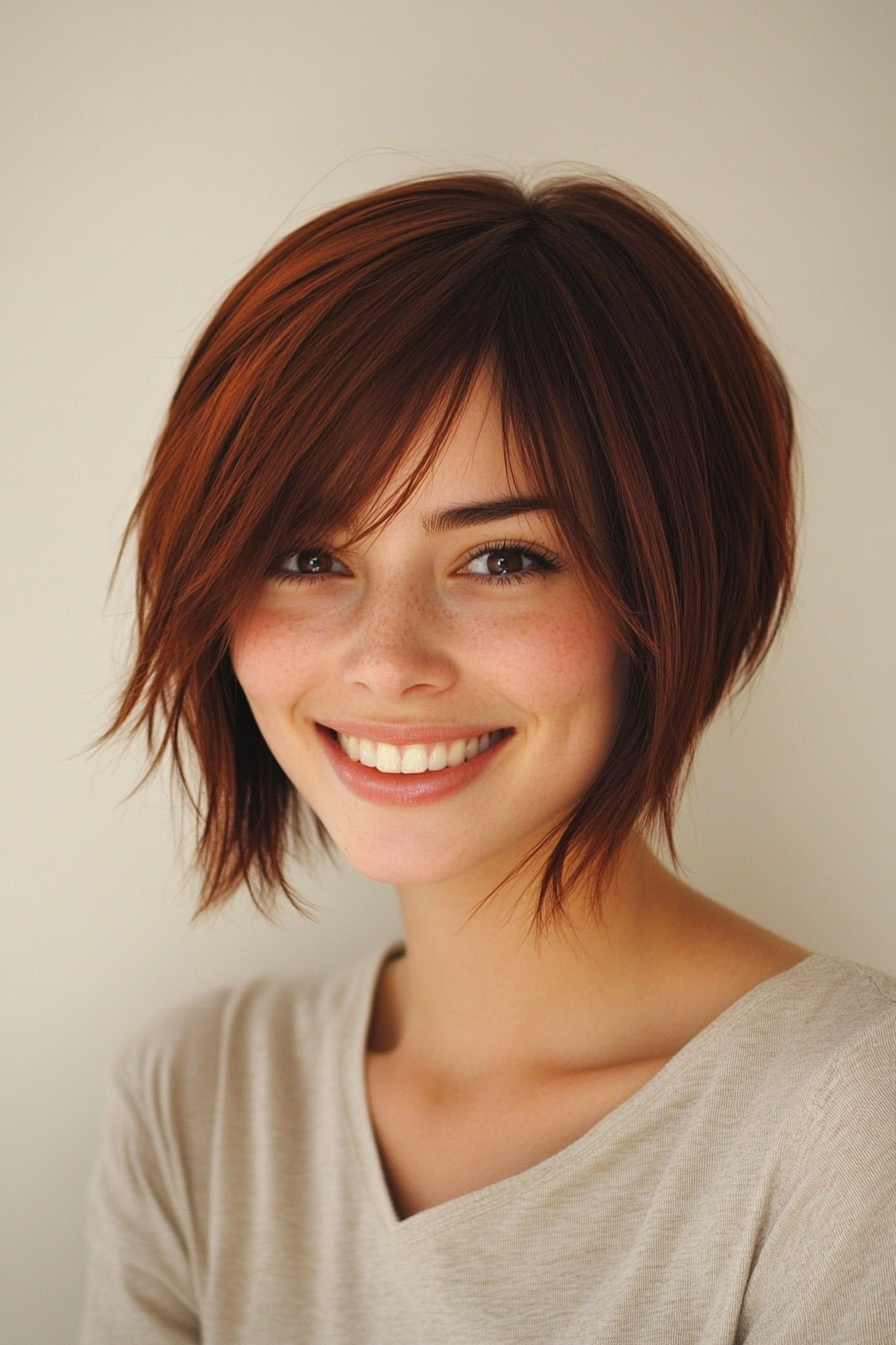 15. Rich Mahogany Bob with Side Bangs (Short Shaggy Bob Hairstyles) - Short Shaggy Bob Hairstyles