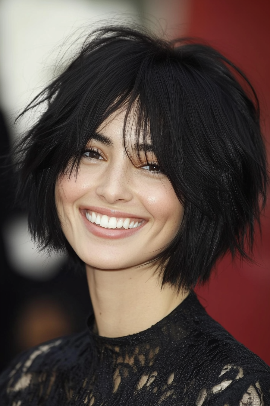 21. Jet Black Shaggy Bob with Blunt Layers (Short Shaggy Bob Hairstyles) - Short Shaggy Bob Hairstyles