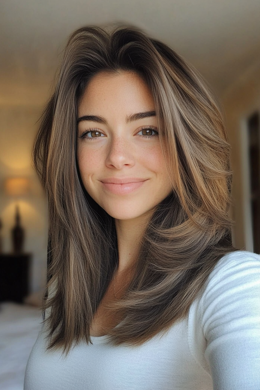 1. Soft Feathered Layers with Ash Brown (Medium Length Hairstyles For Thin Hair) - Medium Length Hairstyles For Thin Hair