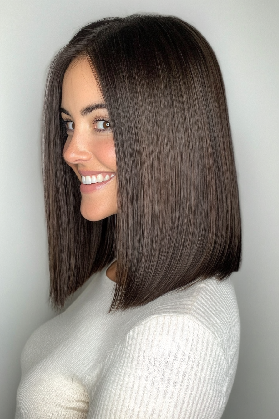 2. Blunt Lob with Dark Chocolate Brown (Medium Length Hairstyles For Thin Hair) - Medium Length Hairstyles For Thin Hair