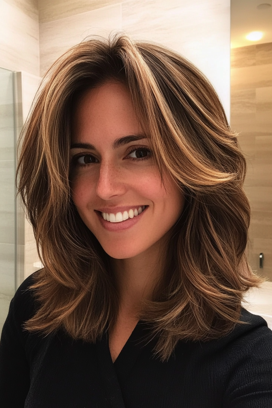 3. Textured Shag with Caramel Highlights (Medium Length Hairstyles For Thin Hair) - Medium Length Hairstyles For Thin Hair