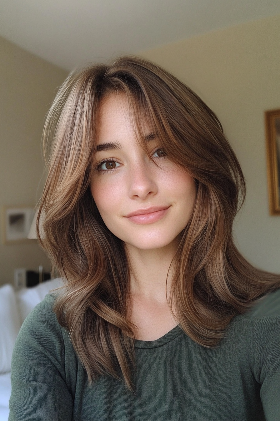 4. Curtain Bangs with Warm Chestnut Layers (Medium Length Hairstyles For Thin Hair) - Medium Length Hairstyles For Thin Hair