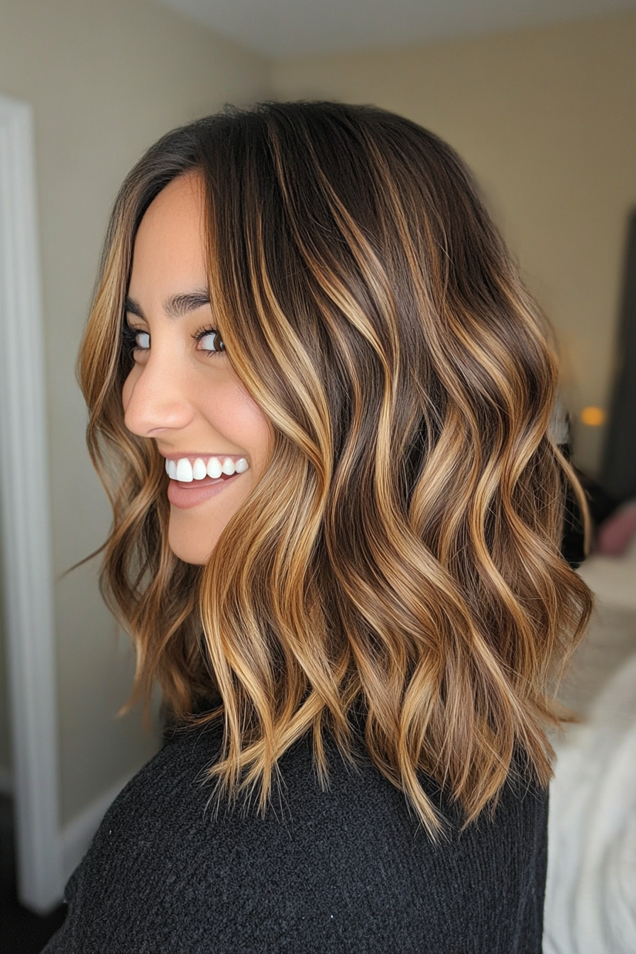 7. Wavy Midi Cut with Golden Brown Highlights (Medium Length Hairstyles For Thin Hair) - Medium Length Hairstyles For Thin Hair