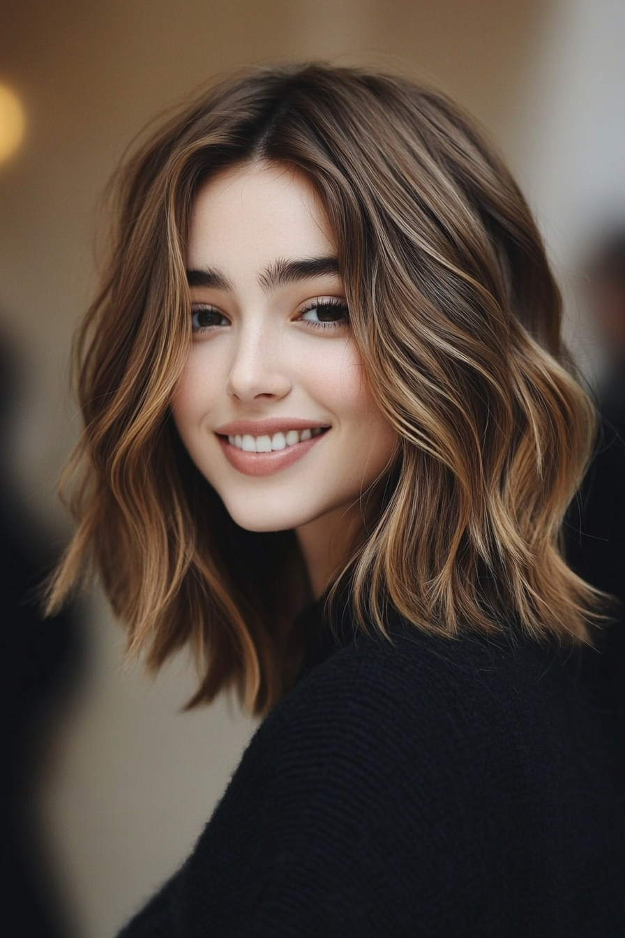 8. Angled Lob with Mocha Balayage (Medium Length Hairstyles For Thin Hair) - Medium Length Hairstyles For Thin Hair
