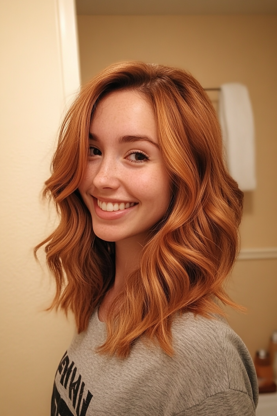 12. Layered Midi with Subtle Copper Tones (Medium Length Hairstyles For Thin Hair) - Medium Length Hairstyles For Thin Hair