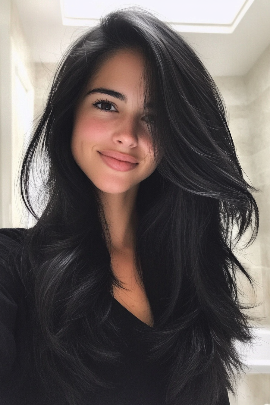 13. Long Curtain Layers with Natural Black (Medium Length Hairstyles For Thin Hair) - Medium Length Hairstyles For Thin Hair