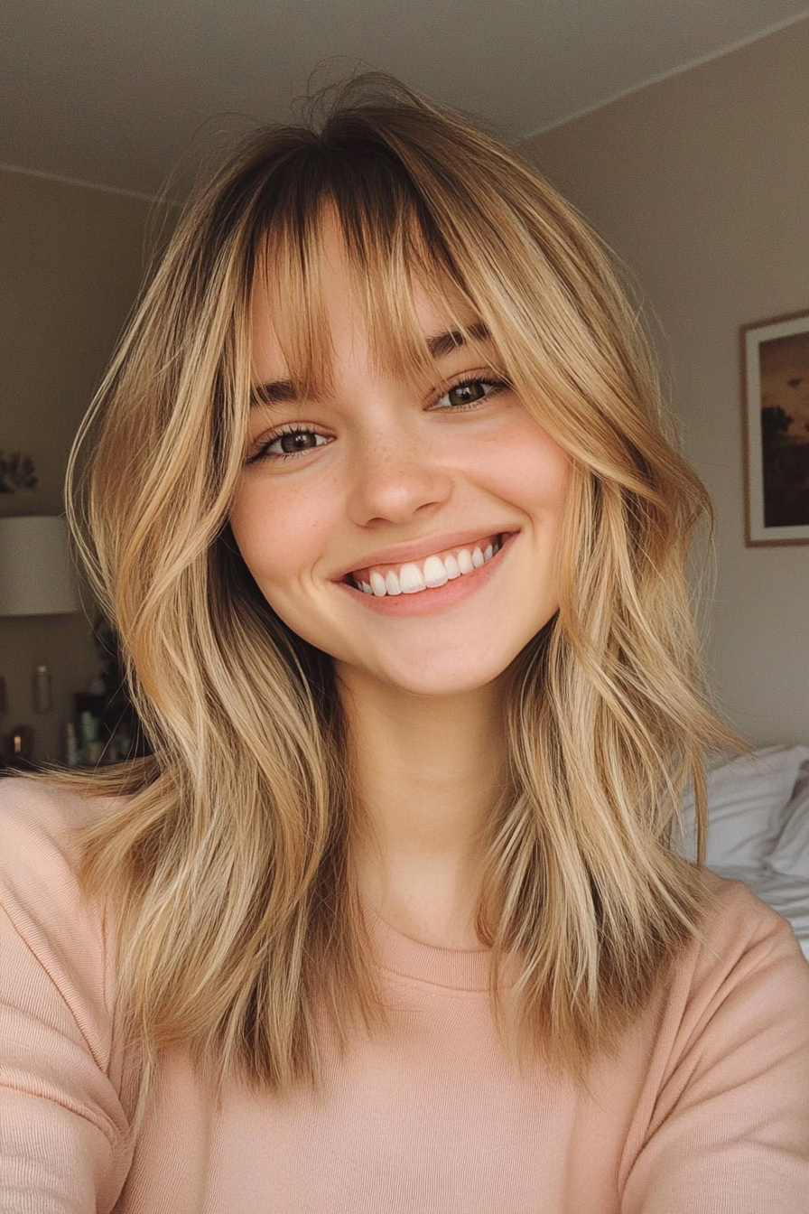16. Fringed Midi with Warm Golden Blonde (Medium Length Hairstyles For Thin Hair) - Medium Length Hairstyles For Thin Hair