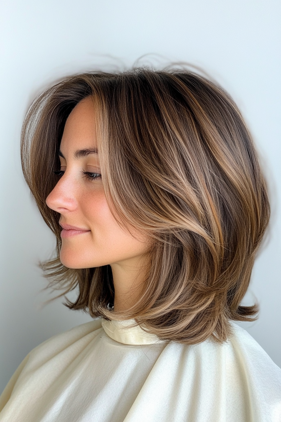 18. Layered Bob with Caramel Balayage (Medium Length Hairstyles For Thin Hair) - Medium Length Hairstyles For Thin Hair
