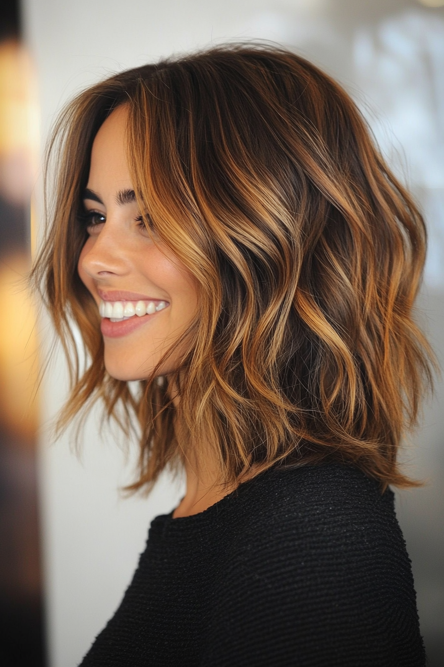 21. Shaggy Lob with Cinnamon Highlights (Medium Length Hairstyles For Thin Hair) - Medium Length Hairstyles For Thin Hair