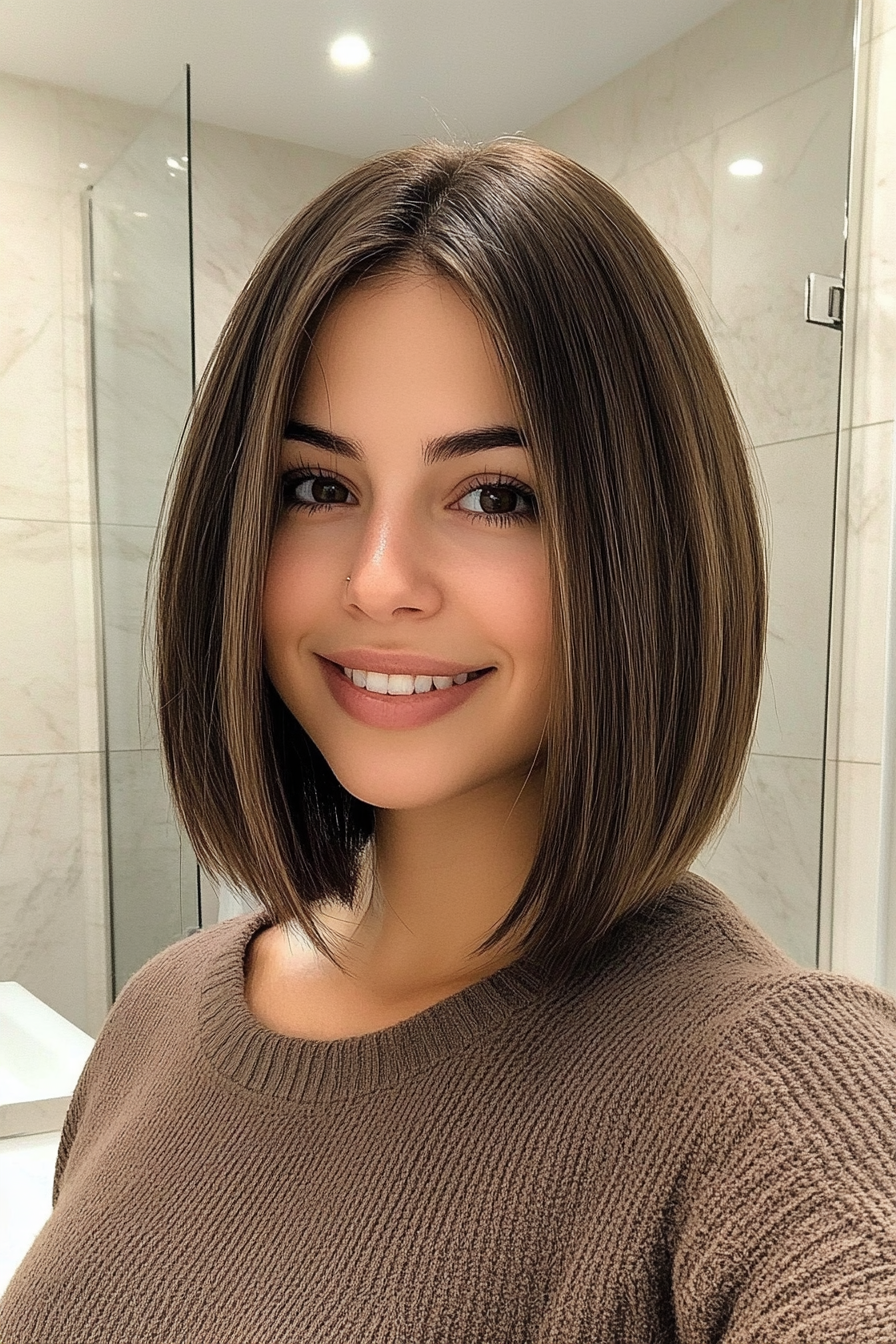 23. Modern Blunt Lob with Rich Amber Brown (Medium Length Hairstyles For Thin Hair) - Medium Length Hairstyles For Thin Hair