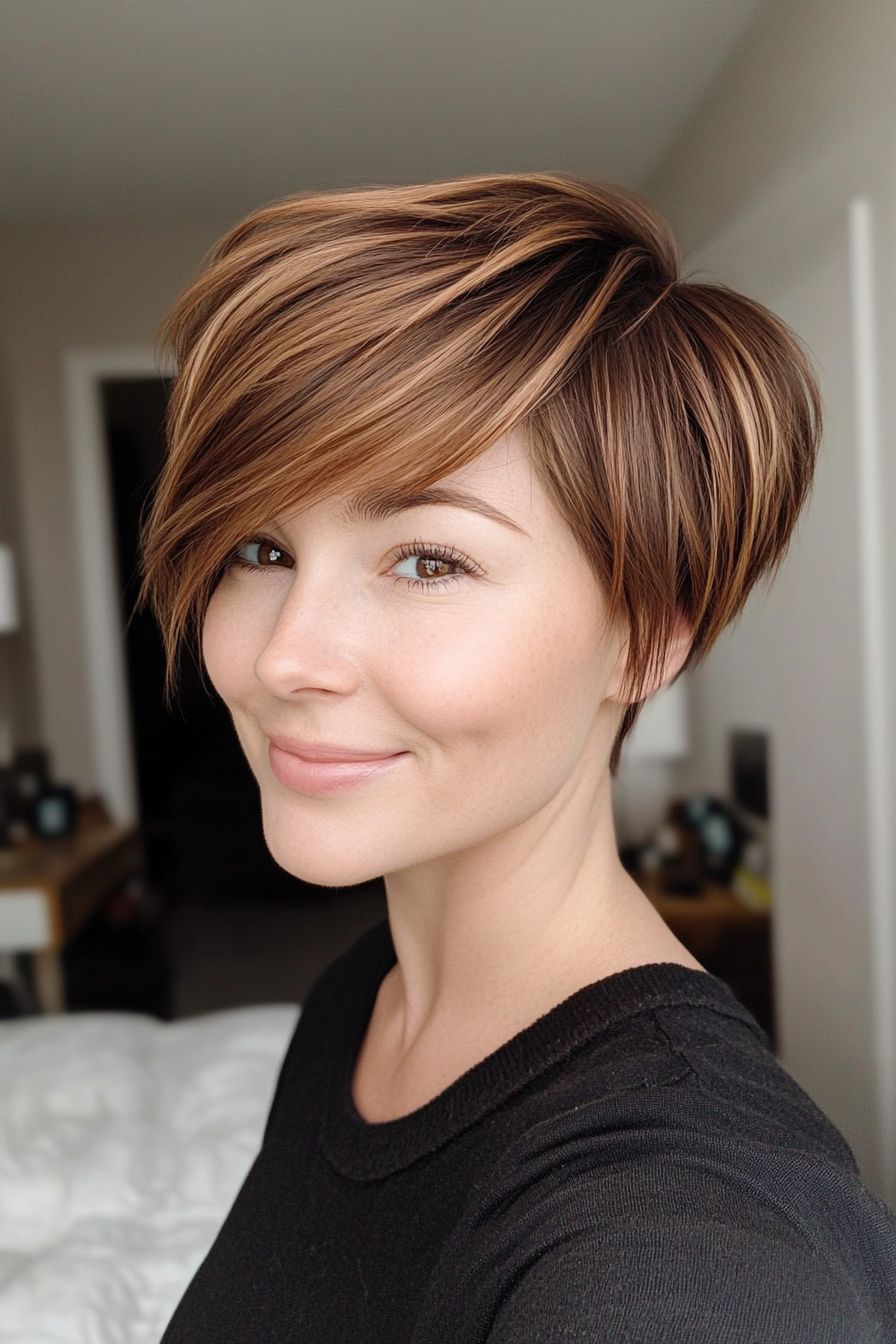 8. Side-Swept Caramel Brown Pixie (Short Pixie Haircuts For Women) - Short Pixie Haircuts For Women