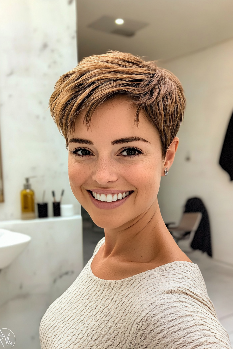 19. Layered Honey Brown Pixie (Short Pixie Haircuts For Women) - Short Pixie Haircuts For Women