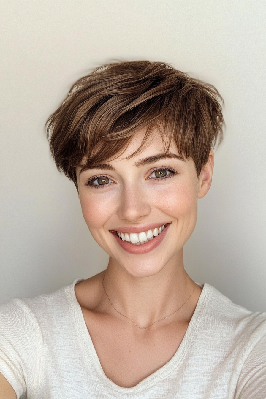 23. Baby Bangs Sandy Brown Pixie (Short Pixie Haircuts For Women) - Short Pixie Haircuts For Women