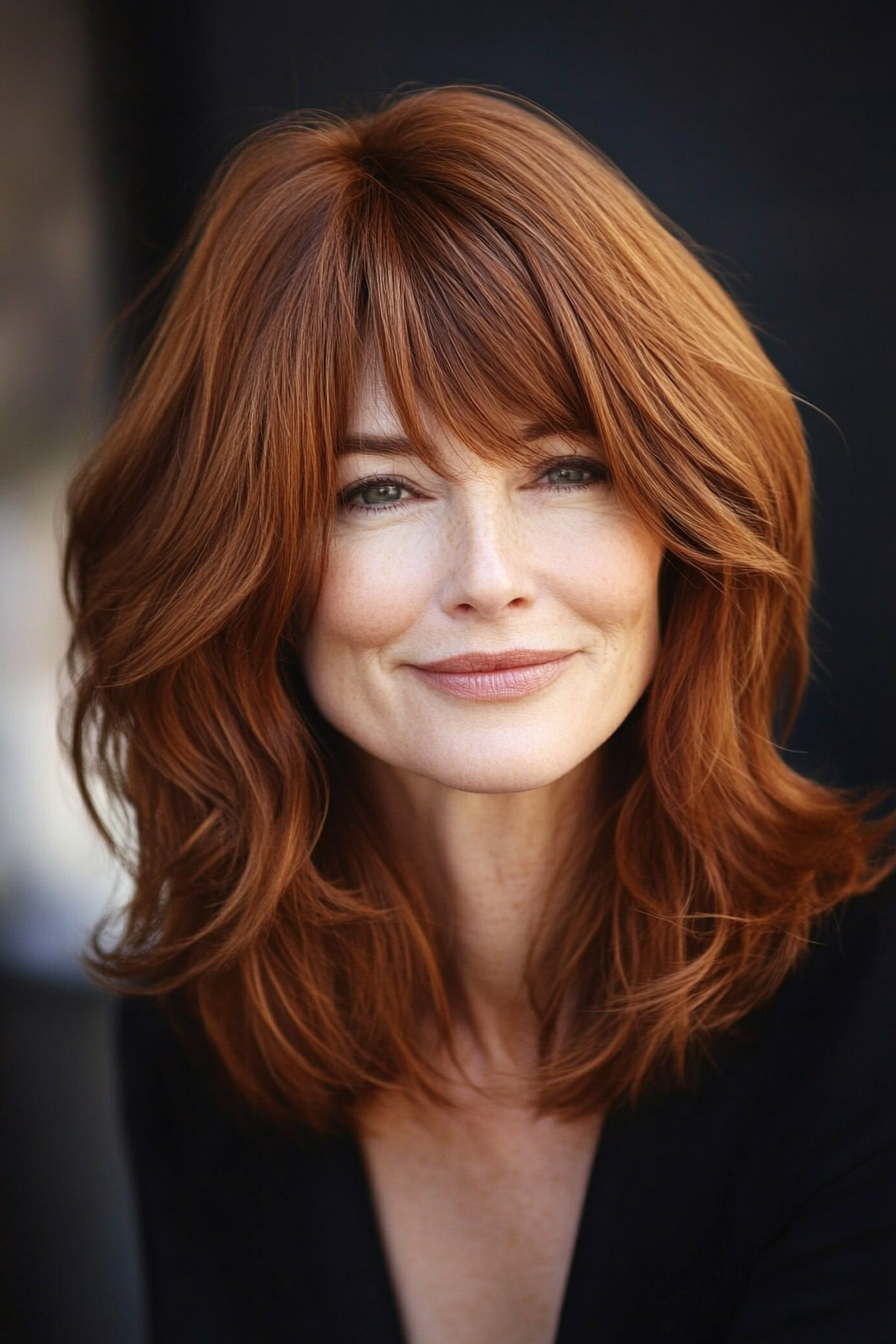1. Soft Feathered Bob with Warm Chestnut Tones (Hairstyles For Women Over 50 With Bangs) - Hairstyles For Women Over 50 With Bangs