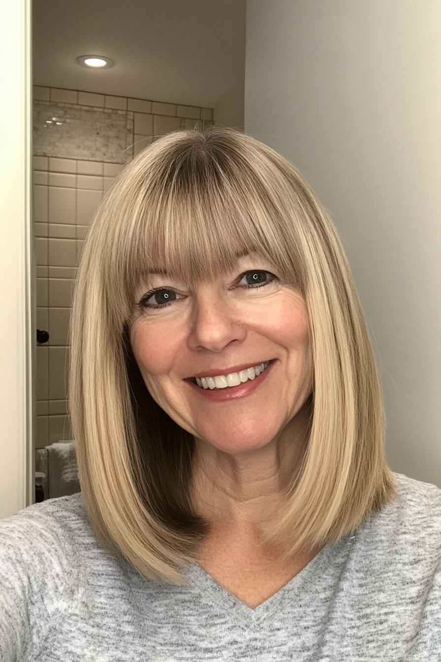 2. Classic Blunt Cut with Honey Blonde (Hairstyles For Women Over 50 With Bangs) - Hairstyles For Women Over 50 With Bangs