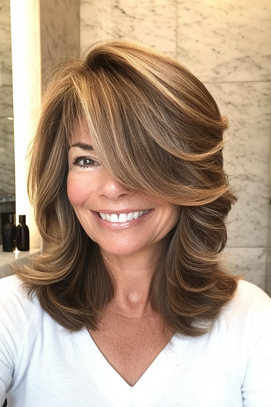 3. Layered Lob with Ash Brown Highlights (Hairstyles For Women Over 50 With Bangs) - Hairstyles For Women Over 50 With Bangs