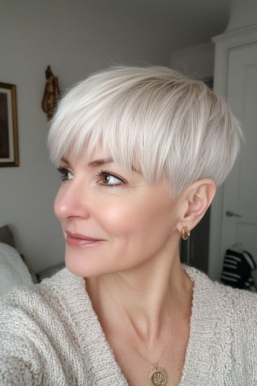 4. Pixie Cut with Icy Platinum Blonde (Hairstyles For Women Over 50 With Bangs) - Hairstyles For Women Over 50 With Bangs