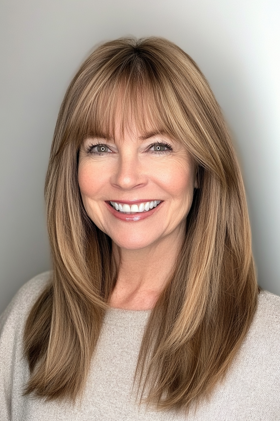 5. Long Layers with Caramel Brown Balayage (Hairstyles For Women Over 50 With Bangs) - Hairstyles For Women Over 50 With Bangs