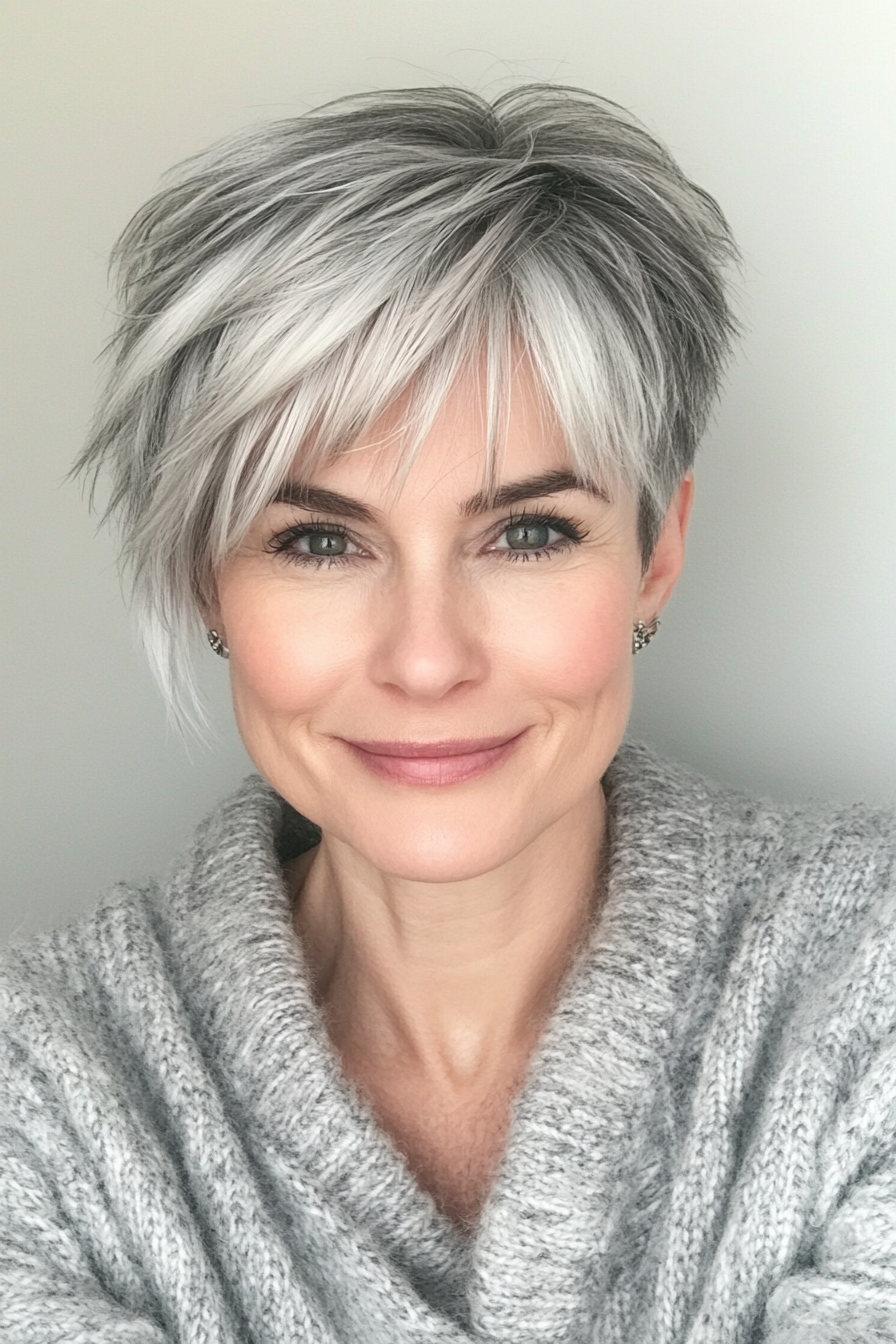 7. Textured Pixie with Silver Gray Highlights (Hairstyles For Women Over 50 With Bangs) - Hairstyles For Women Over 50 With Bangs