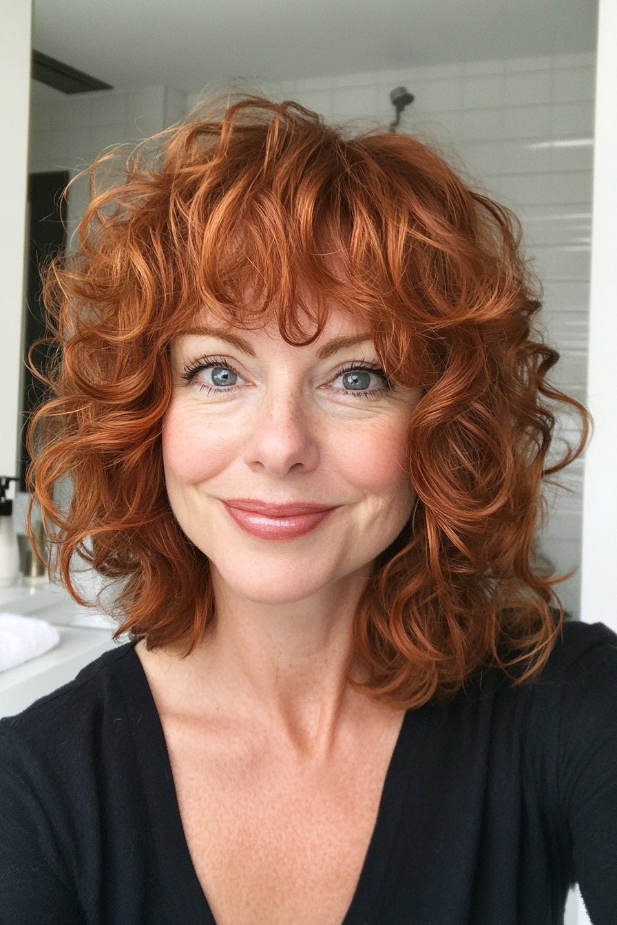 8. Curly Bob with Deep Auburn Tints (Hairstyles For Women Over 50 With Bangs) - Hairstyles For Women Over 50 With Bangs