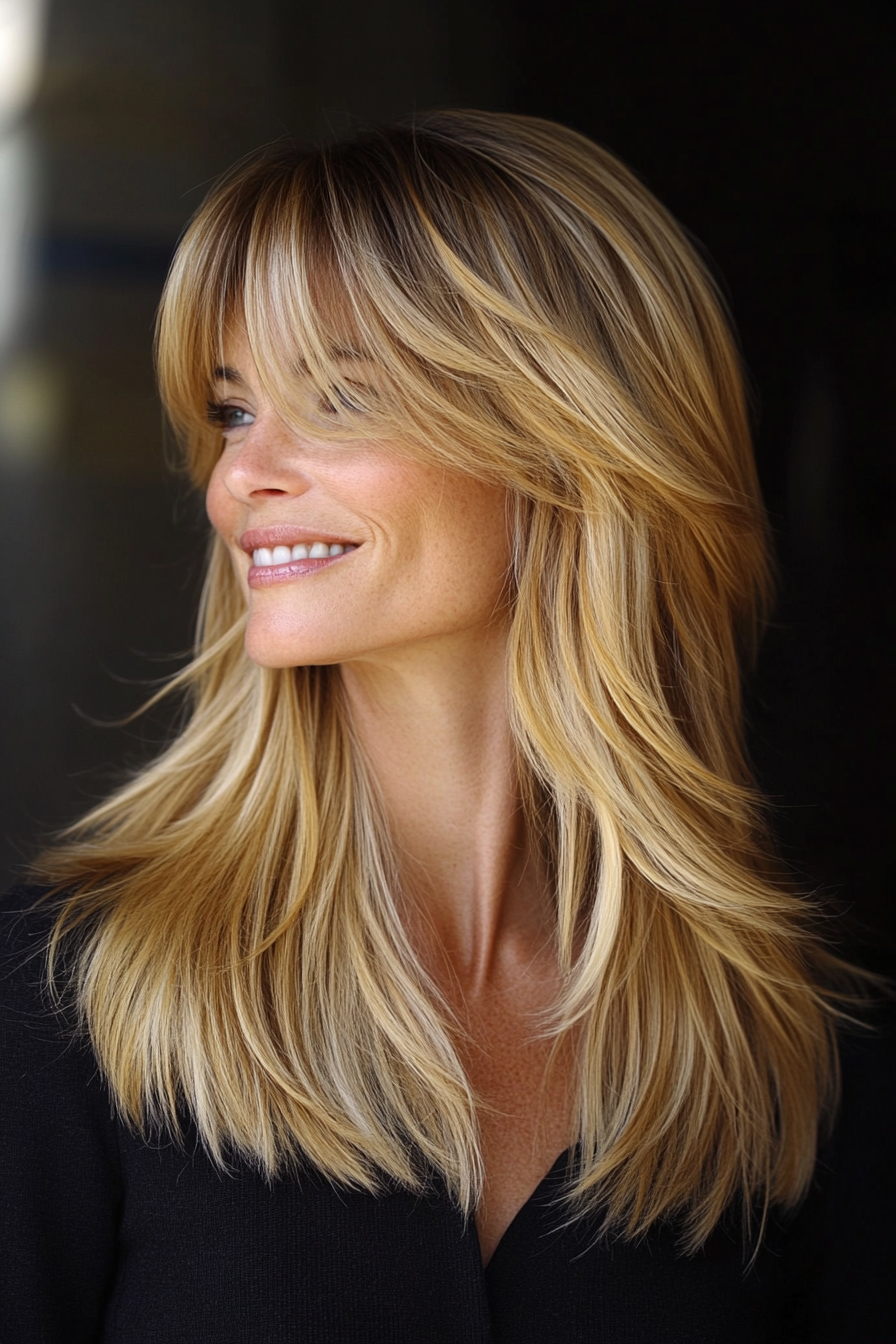 9. Long Curtain Bangs with Sandy Blonde Layers (Hairstyles For Women Over 50 With Bangs) - Hairstyles For Women Over 50 With Bangs