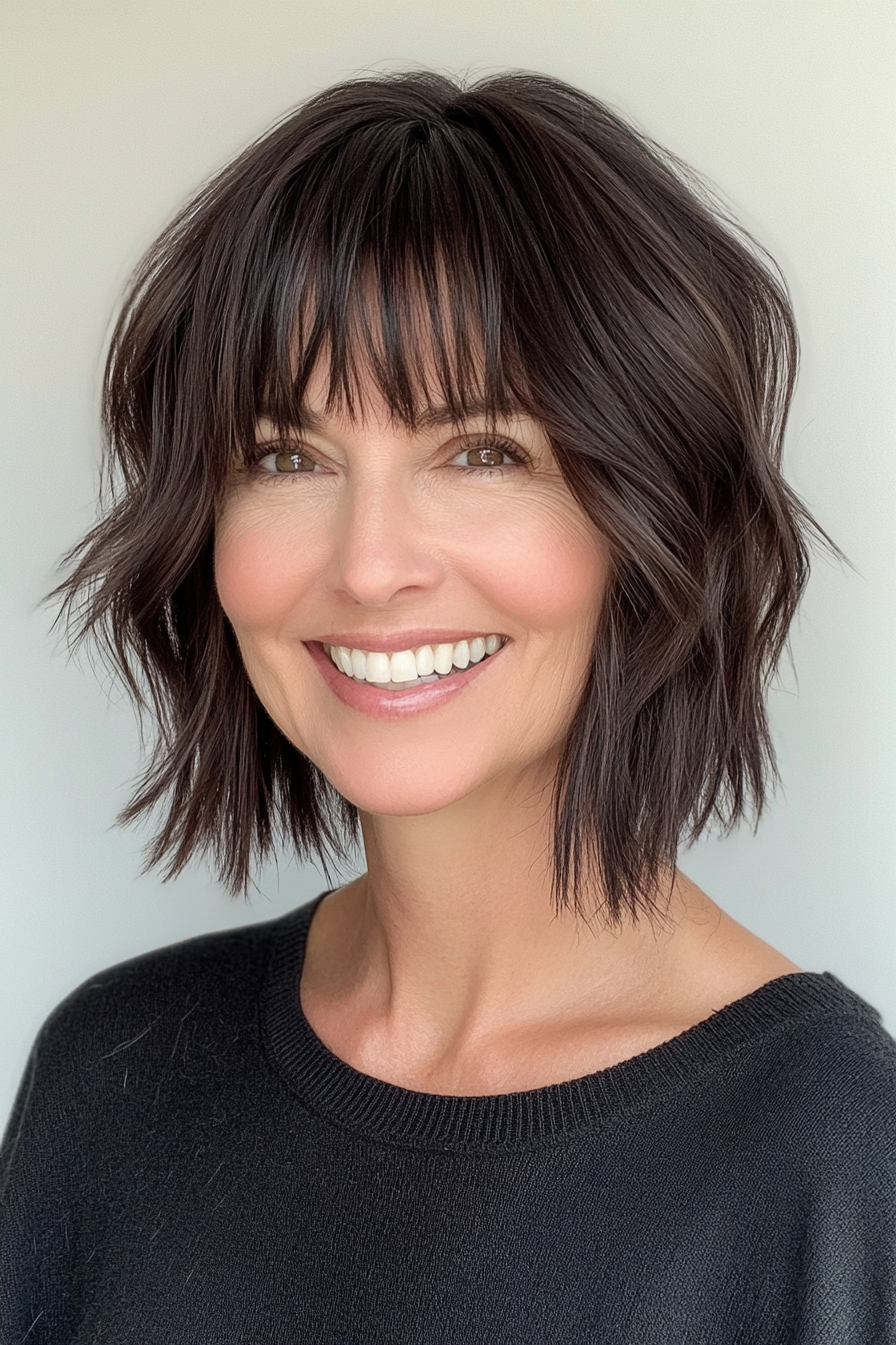 10. Choppy Bob with Dark Espresso Layers (Hairstyles For Women Over 50 With Bangs) - Hairstyles For Women Over 50 With Bangs