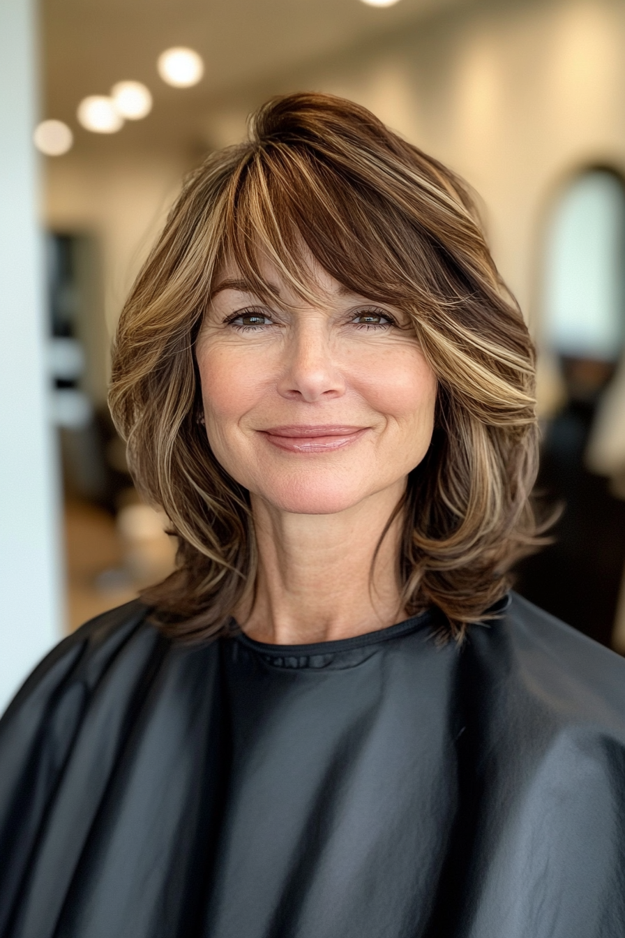 11. Asymmetrical Lob with Golden Brown Highlights (Hairstyles For Women Over 50 With Bangs) - Hairstyles For Women Over 50 With Bangs
