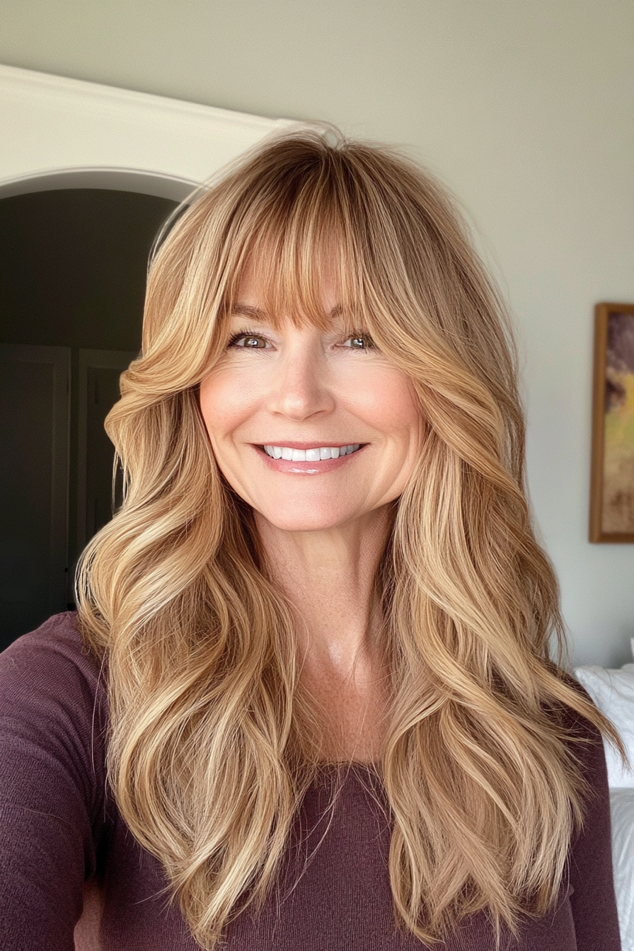 12. Soft Wavy Layers with Honey Brown Undertones (Hairstyles For Women Over 50 With Bangs) - Hairstyles For Women Over 50 With Bangs