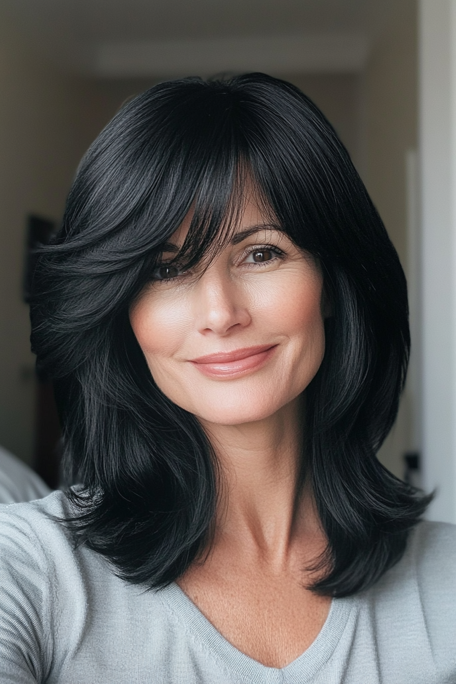 13. Classic Shoulder-Length Layers with Jet Black Shine (Hairstyles For Women Over 50 With Bangs) - Hairstyles For Women Over 50 With Bangs