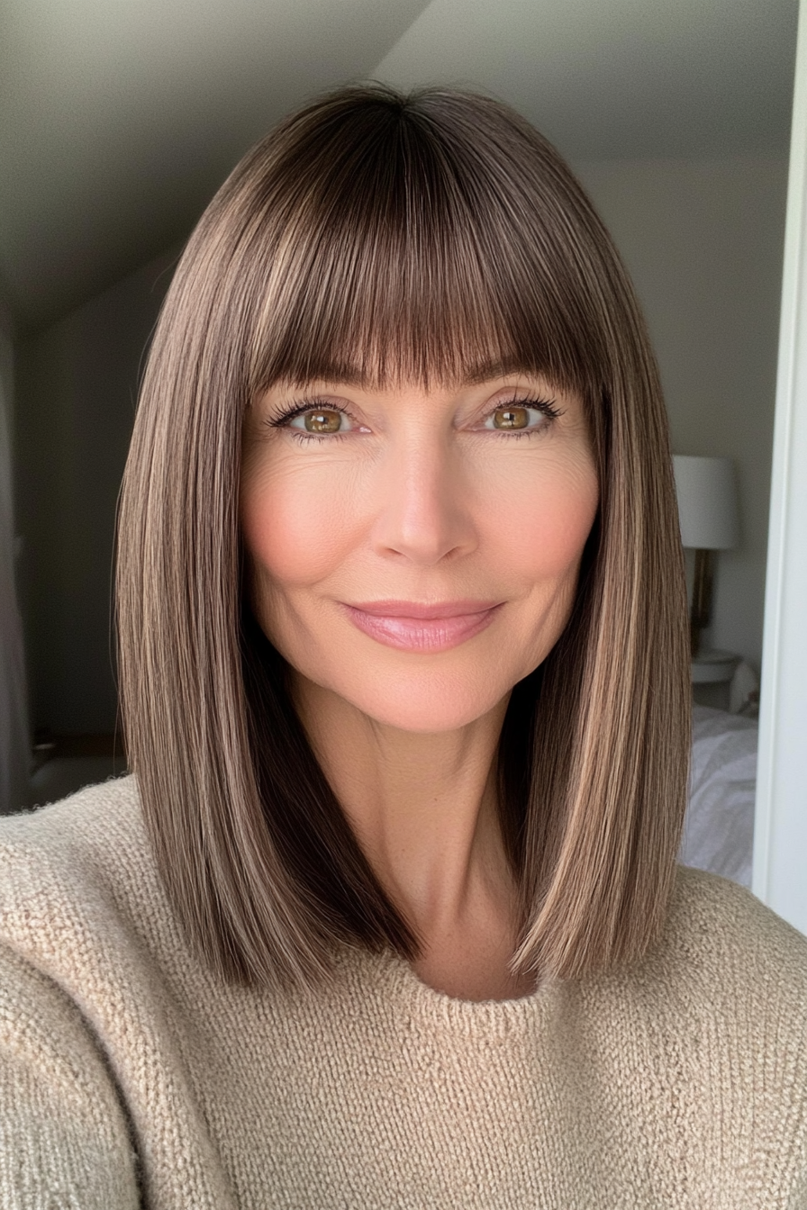 15. Straight Lob with Neutral Brown (Hairstyles For Women Over 50 With Bangs) - Hairstyles For Women Over 50 With Bangs
