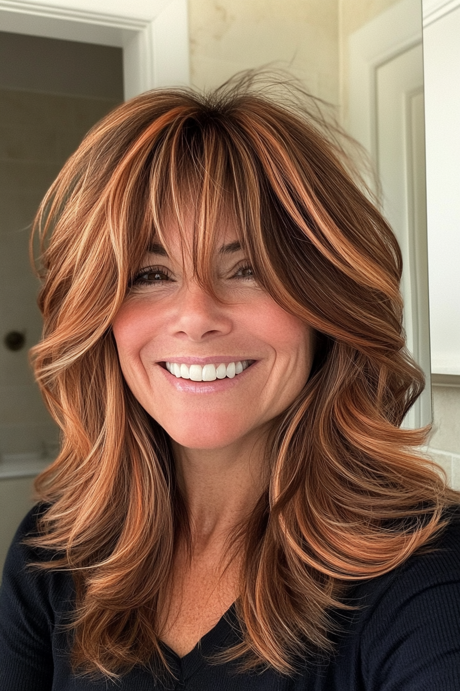 16. Tousled Lob with Warm Copper Highlights (Hairstyles For Women Over 50 With Bangs) - Hairstyles For Women Over 50 With Bangs