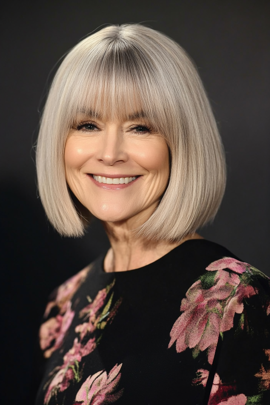17. Rounded Bob with Salt-and-Pepper Blends (Hairstyles For Women Over 50 With Bangs) - Hairstyles For Women Over 50 With Bangs