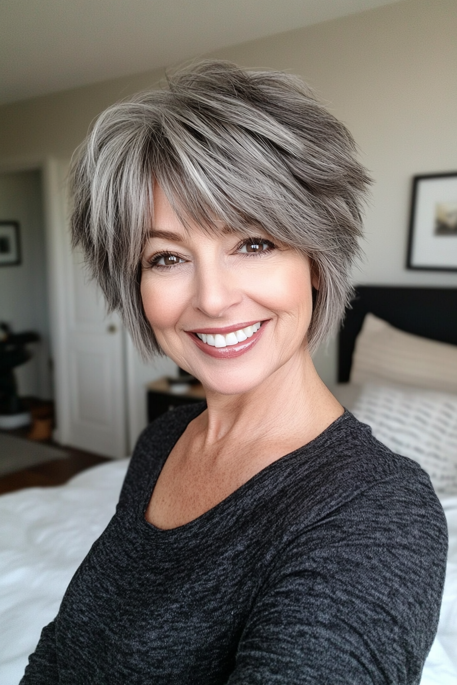 18. Blended Layered Pixie with Charcoal Gray Hues (Hairstyles For Women Over 50 With Bangs) - Hairstyles For Women Over 50 With Bangs